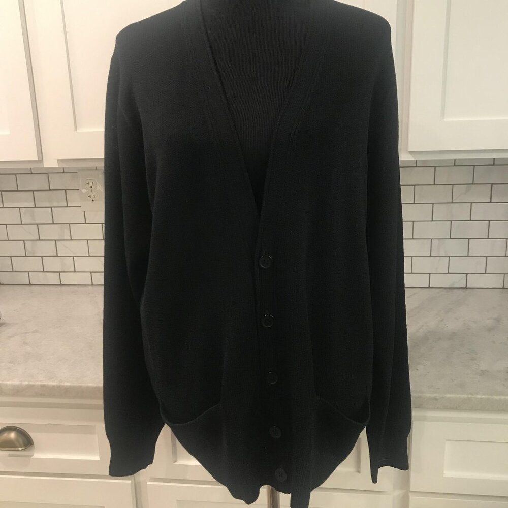 St. John Cardigan Sweater Womens XL Black Button Front V Neck‎ Knit Pockets Long